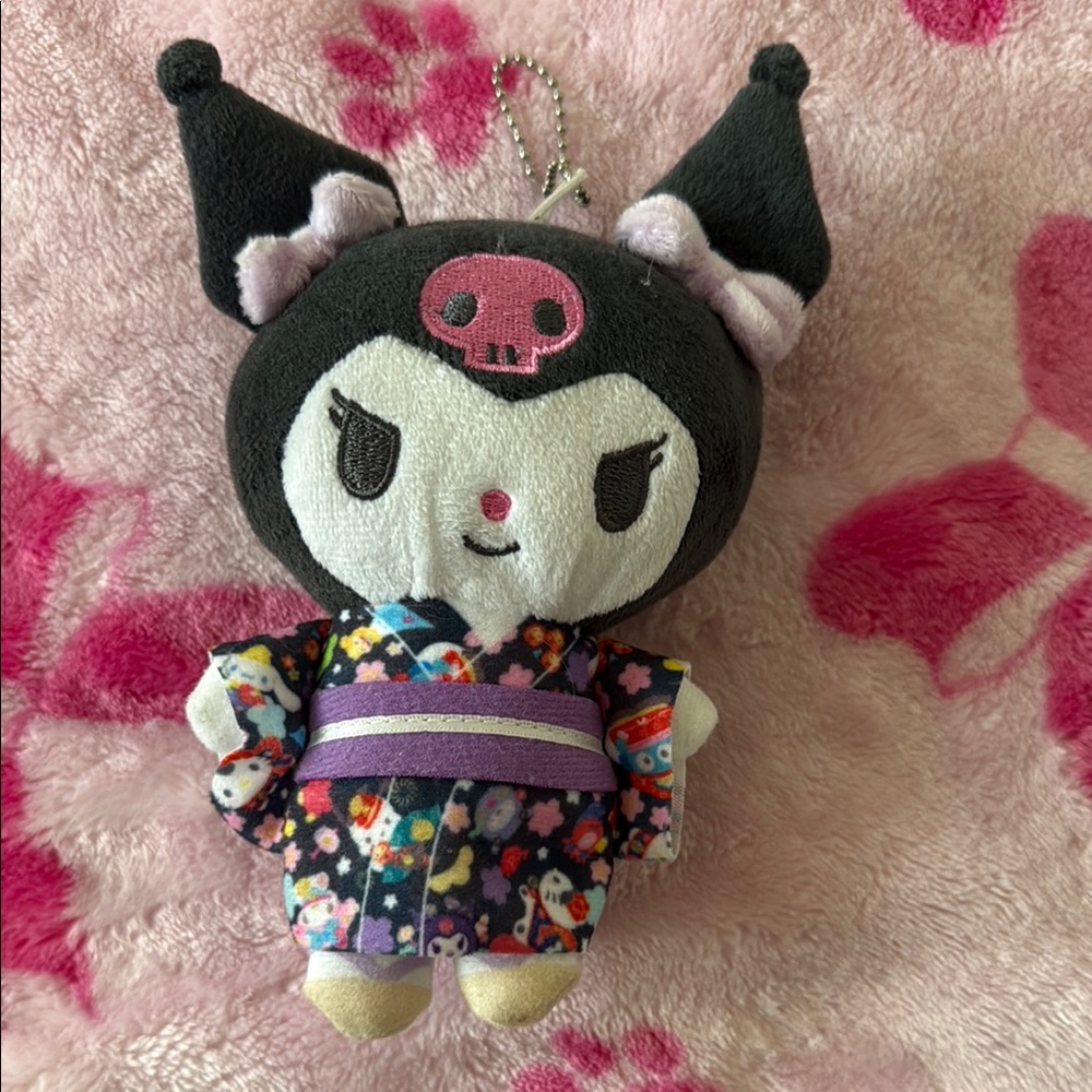 Sanrio Kuromi Plush Keychain - Black, White & Pink Kimono